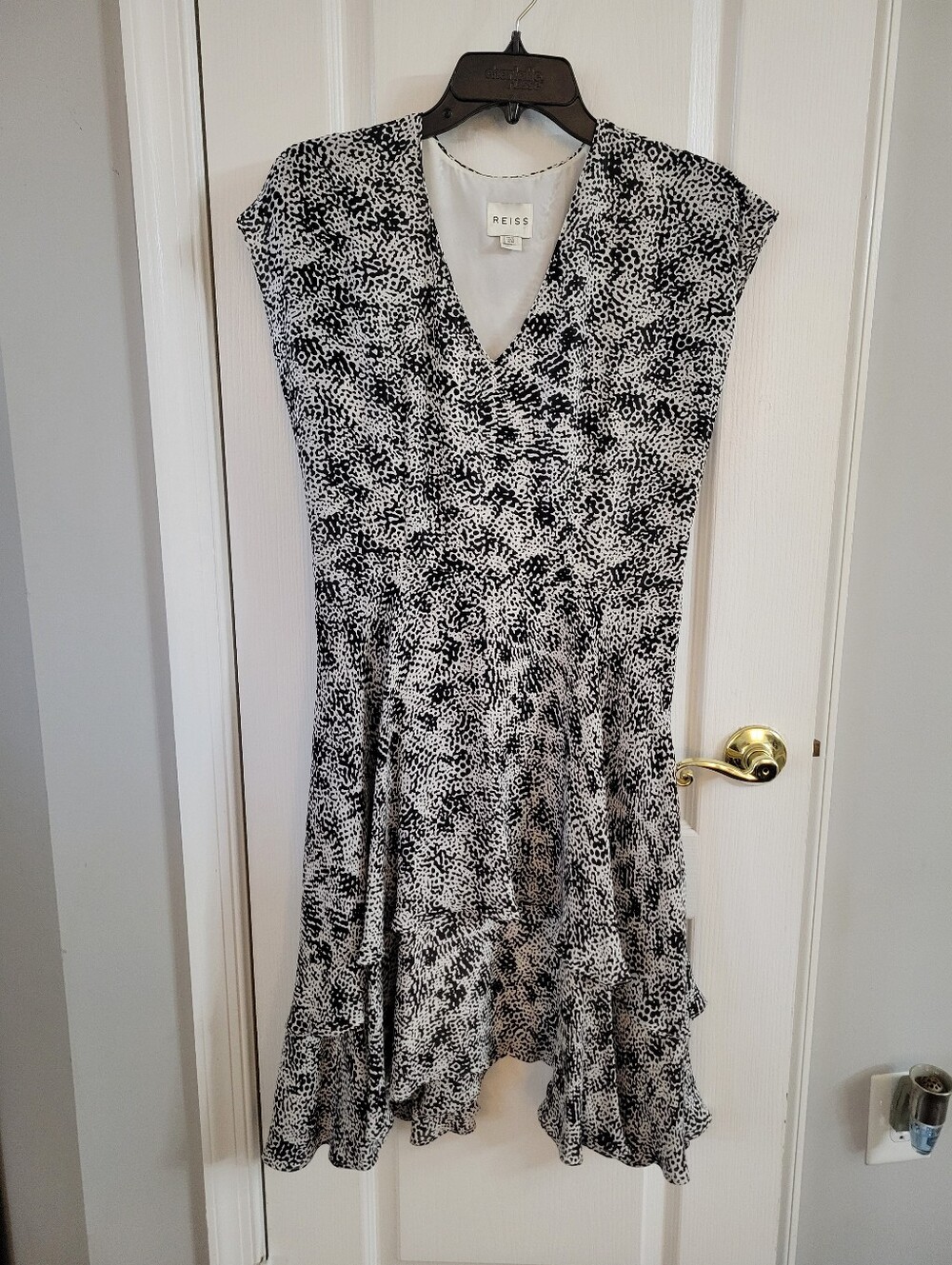 Reiss Canyon Black White Print Double Layered Frill Midi Dress Size 6